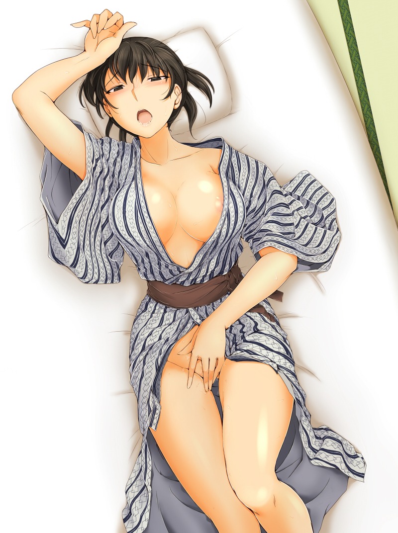 amagami areola cleavage no_bra nopan pussy_juice robe sasaki_akira tsukahara_hibiki