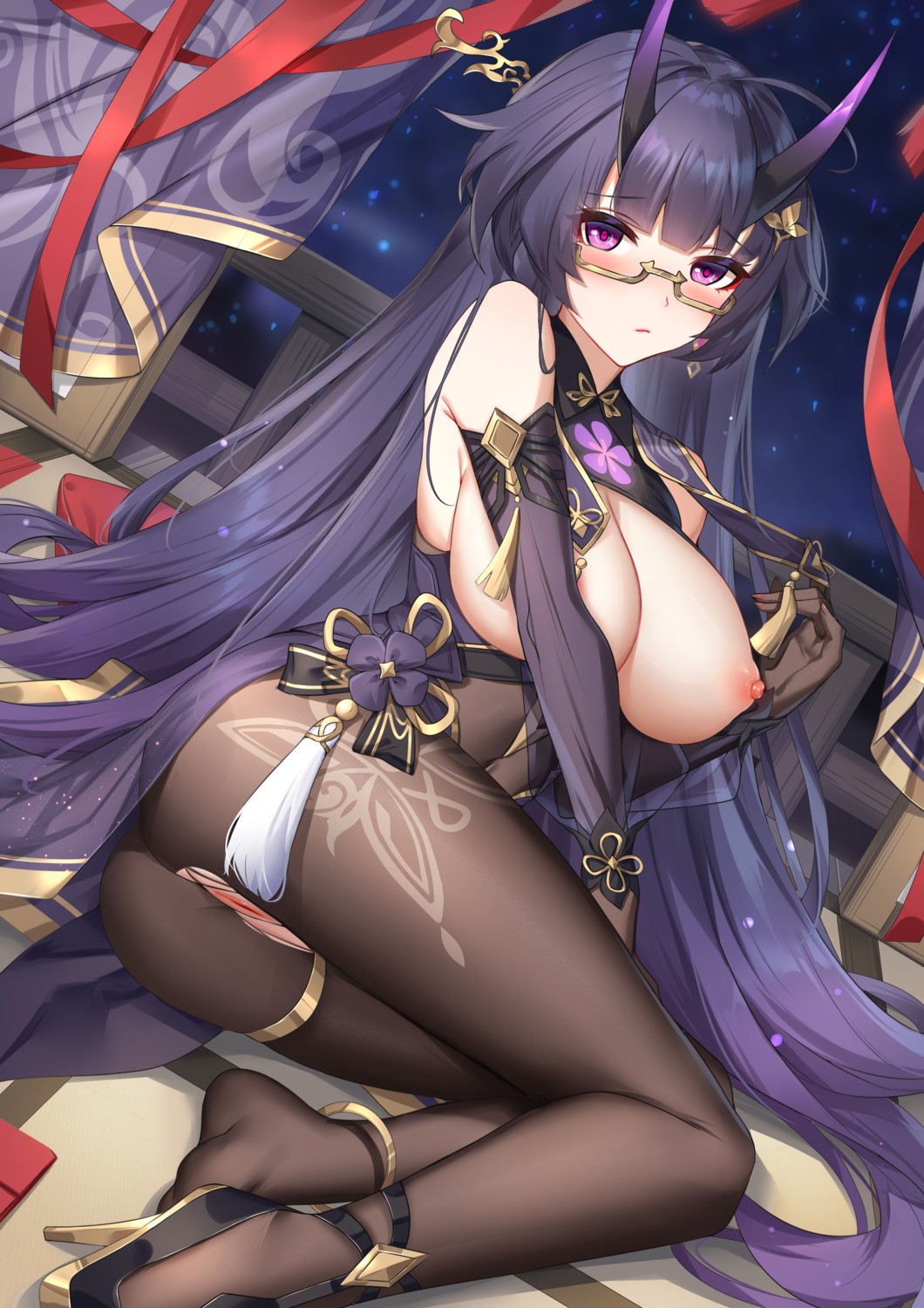 asian_clothes ass benghuai_xueyuan breasts garter heels honkai_impact horns megane nipples no_bra nopan pantyhose pussy raiden_mei skirt_lift torn_clothes wu_ganlan_cai