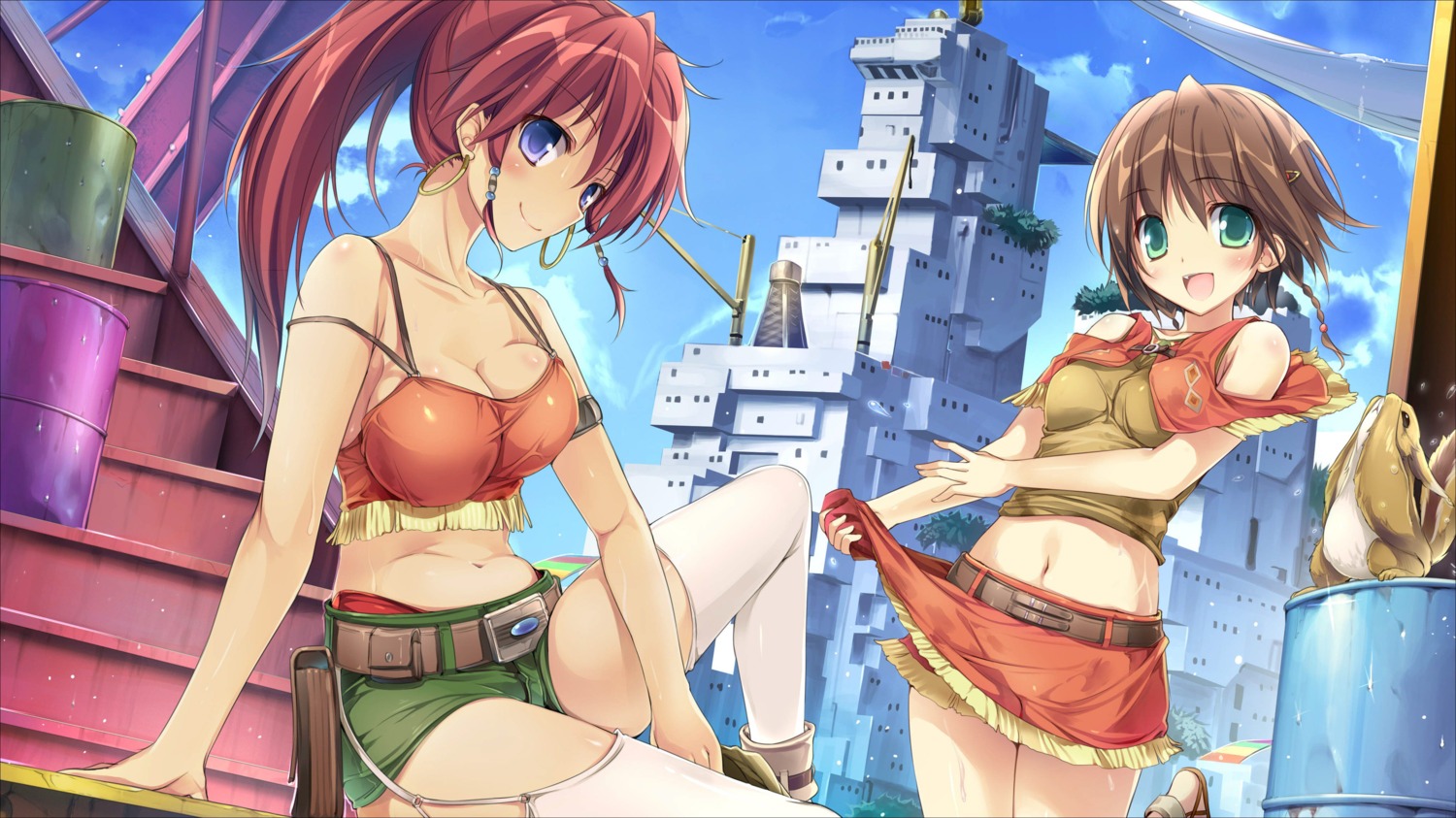 amy_(gargantia) bellows grace_(gargantia) karory no_bra skirt_lift stockings suisei_no_gargantia thighhighs wet