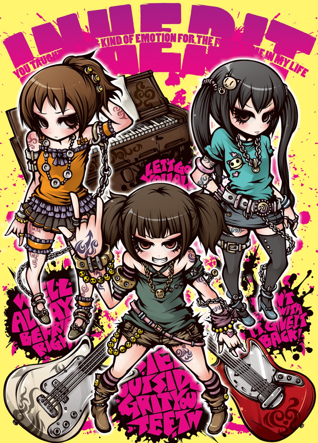 guitar hirasawa_ui k-on! nakano_azusa project.c.k. suzuki_jun tattoo thighhighs