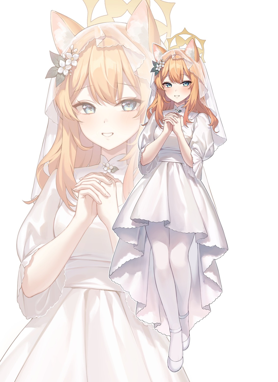 animal_ears blue_archive dress halo iochi_mari nekomimi raki_kr see_through wedding_dress