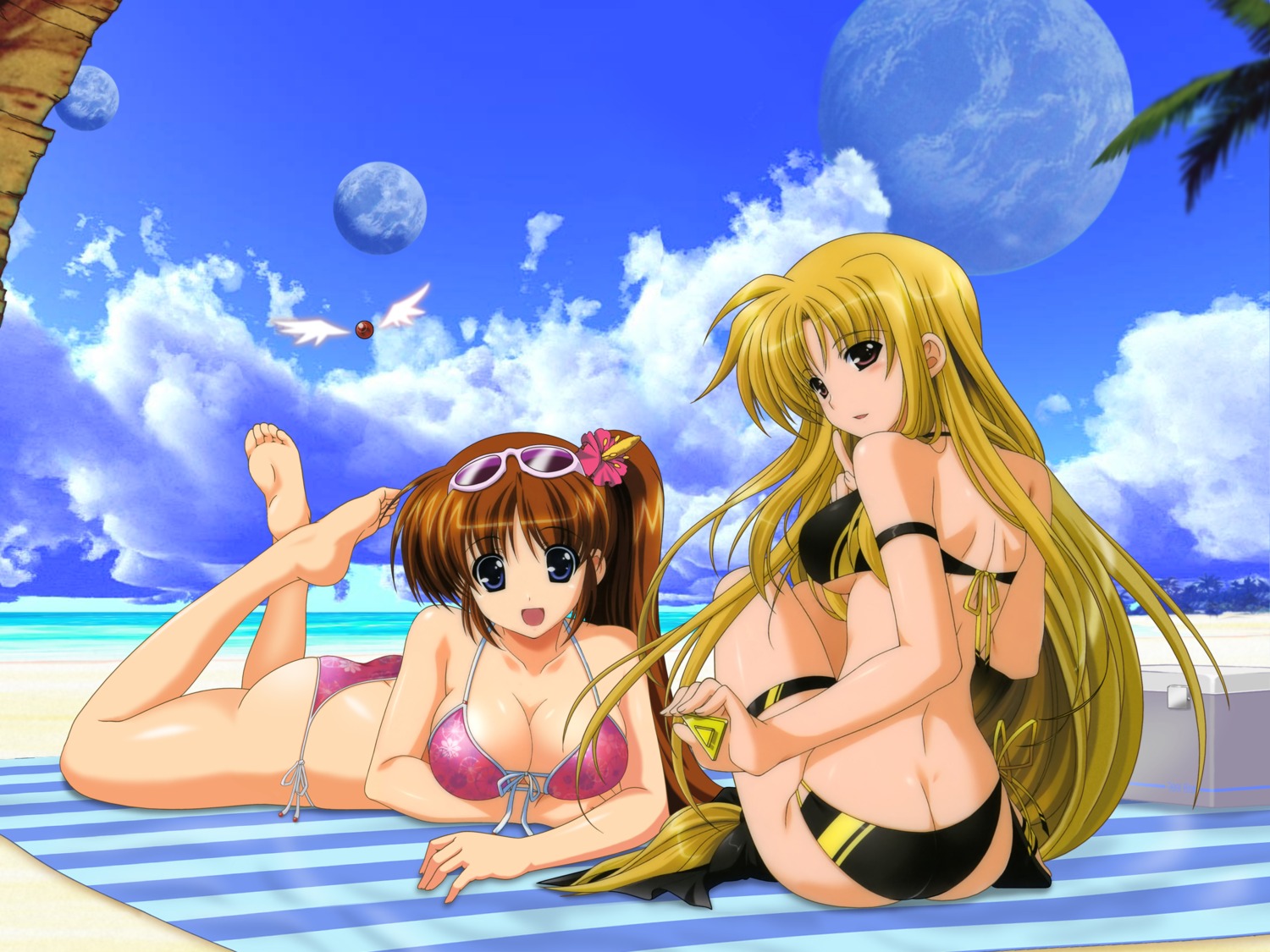 bikini cleavage fate_testarossa garter higa_yukari mahou_senki_lyrical_nanoha_force mahou_shoujo_lyrical_nanoha swimsuits takamachi_nanoha underboob