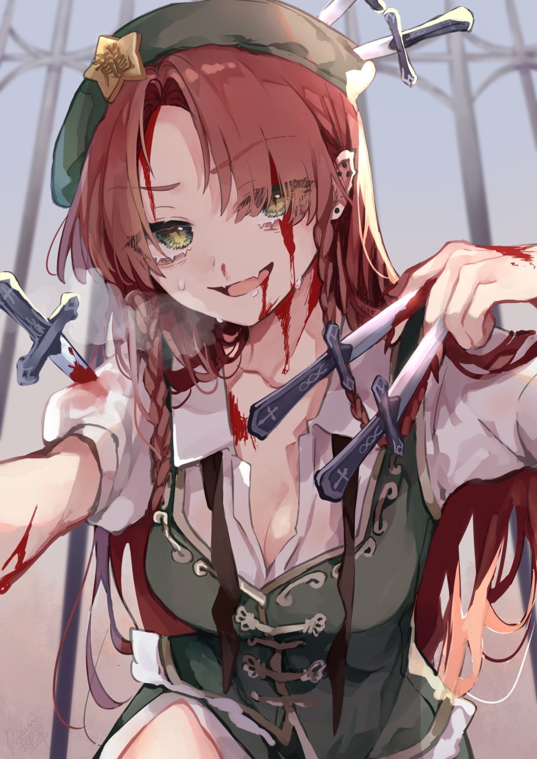 blood cleavage hong_meiling open_shirt risui touhou weapon