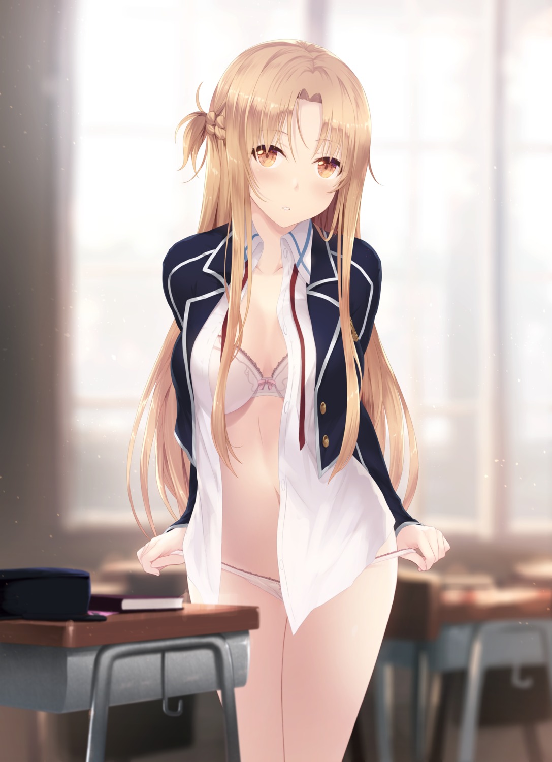 asuna_(sword_art_online) bra cait cleavage open_shirt pantsu panty_pull seifuku sword_art_online undressing