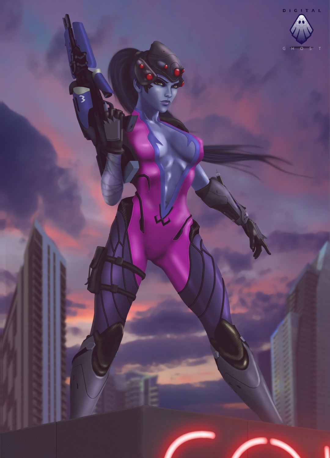 bandages bodysuit cleavage digitalghost gun no_bra overwatch possible_duplicate tattoo widowmaker