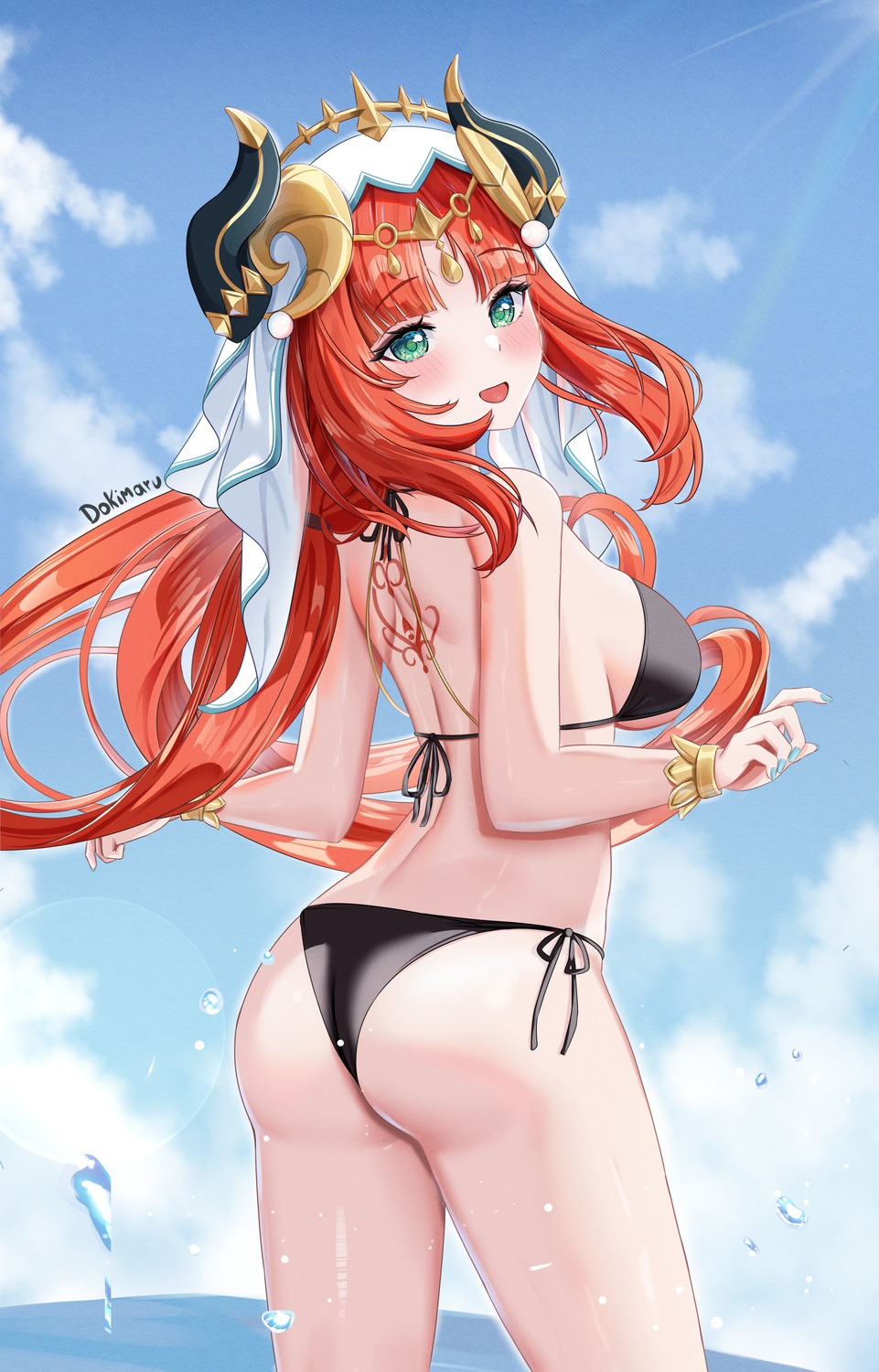 ass bikini dokimaru genshin_impact horns nilou swimsuits thong wet