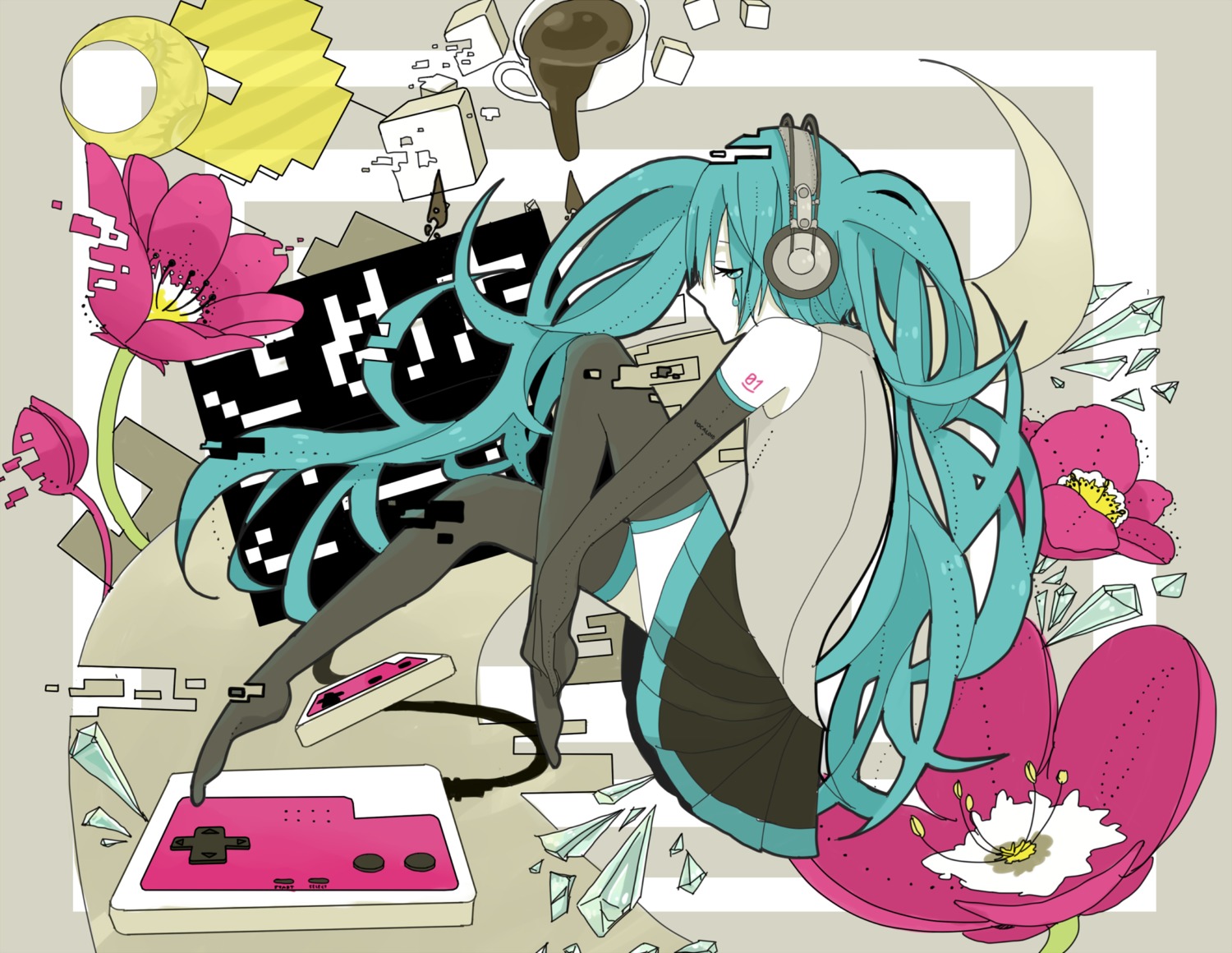 hatsune_miku headphones miya_(aes) thighhighs vocaloid