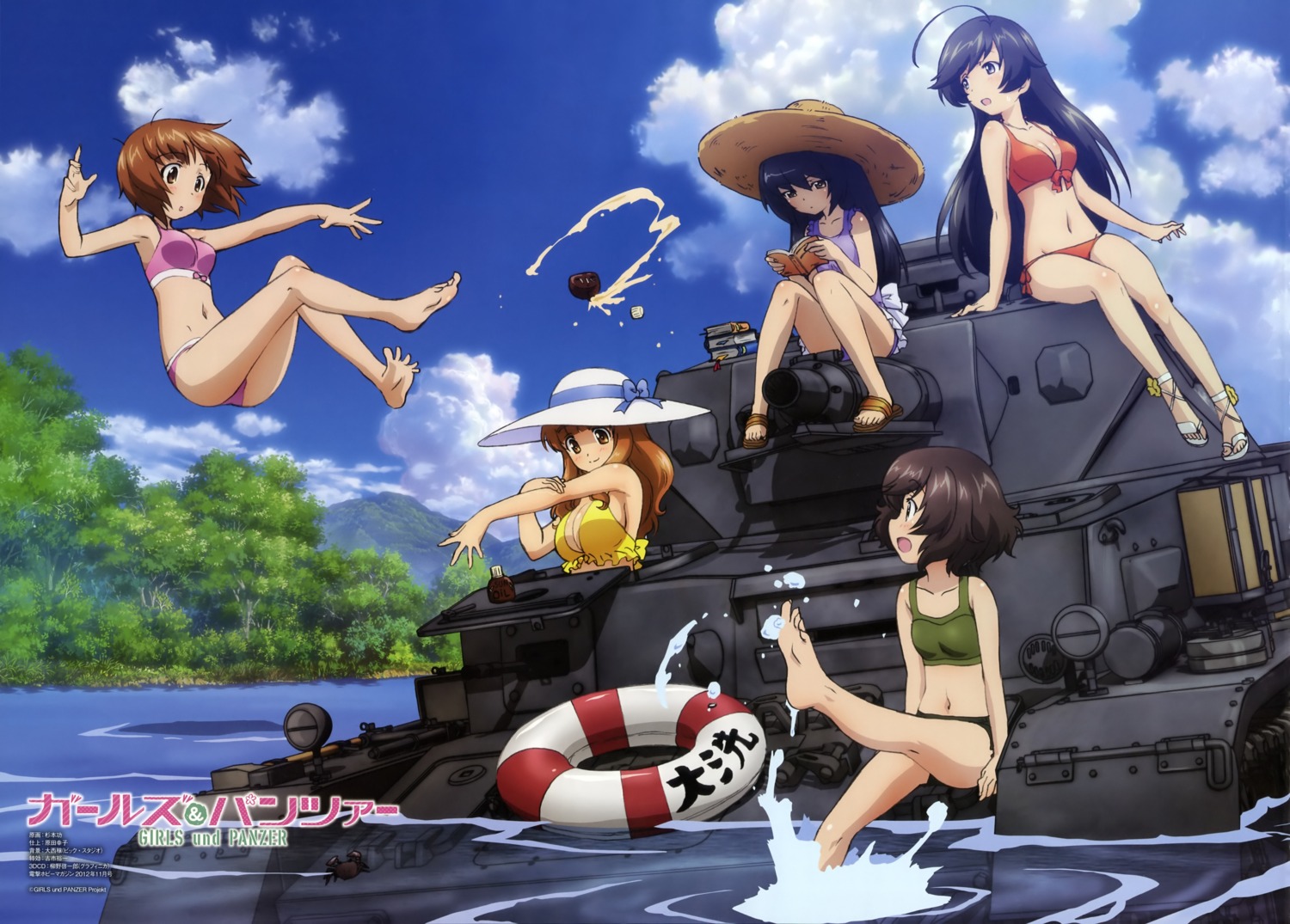 akiyama_yukari bikini cleavage feet girls_und_panzer isuzu_hana nishizumi_miho reizei_mako sugimoto_isao swimsuits takebe_saori wet