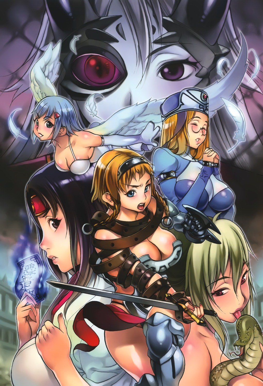 aldra angel armor cleavage dress echidna elf eyepatch f.s horns keltan leina megane melpha miko nanael pointy_ears queen's_blade sword thighhighs tomoe topless wings