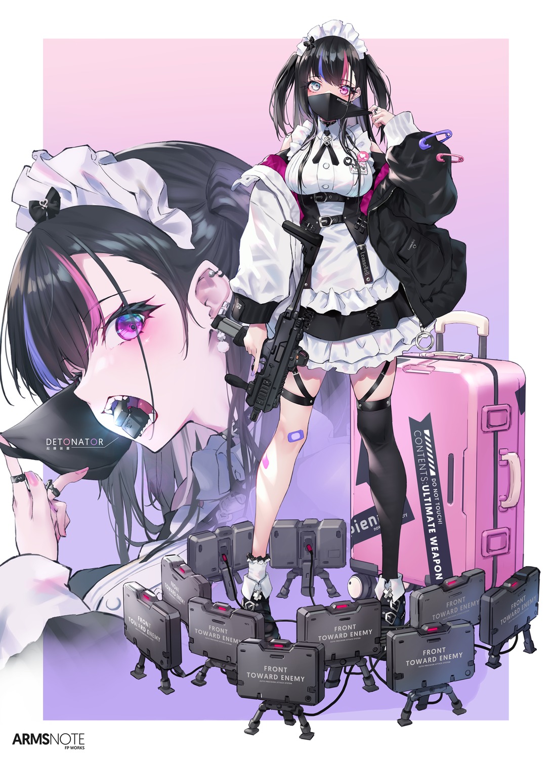 arms_note bandaid fukai_ryosuke garter gun heterochromia maid stockings thighhighs