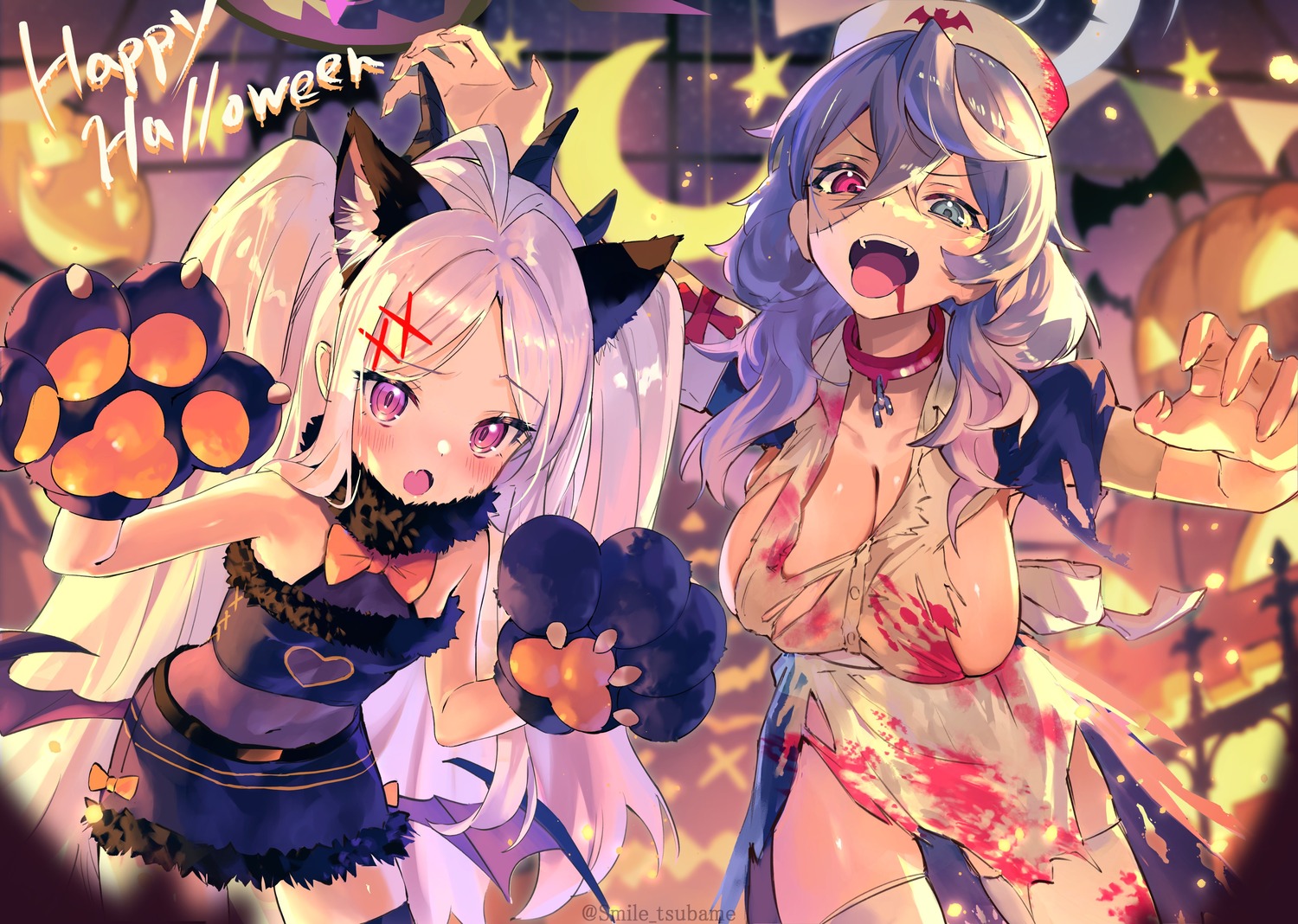 amau_ako animal_ears blood blue_archive devil halloween halo heterochromia horns loli nekomimi nurse pointy_ears sorasaki_hina thighhighs torn_clothes tsubameno wings