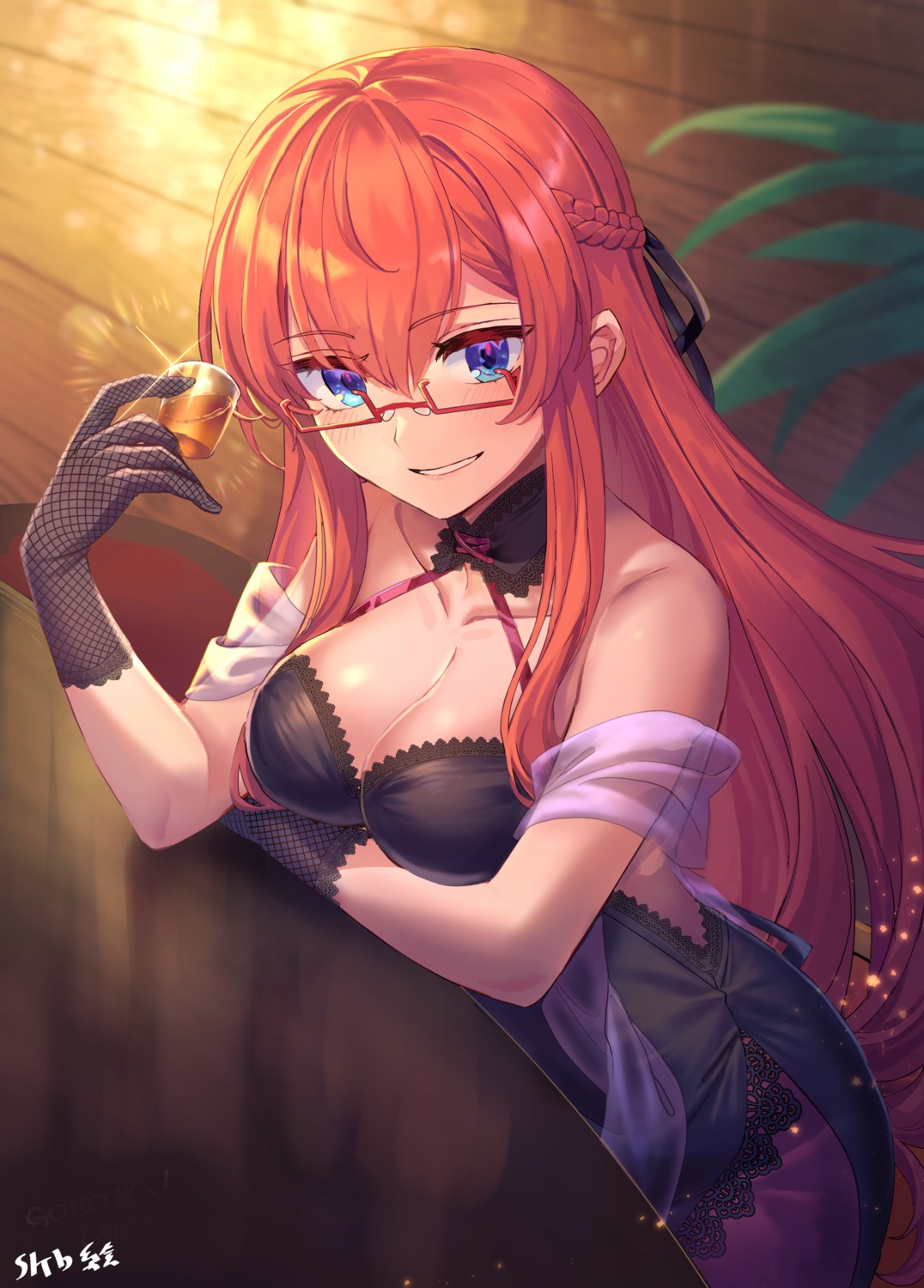 breast_hold cleavage dress megane no_bra shichigatsu