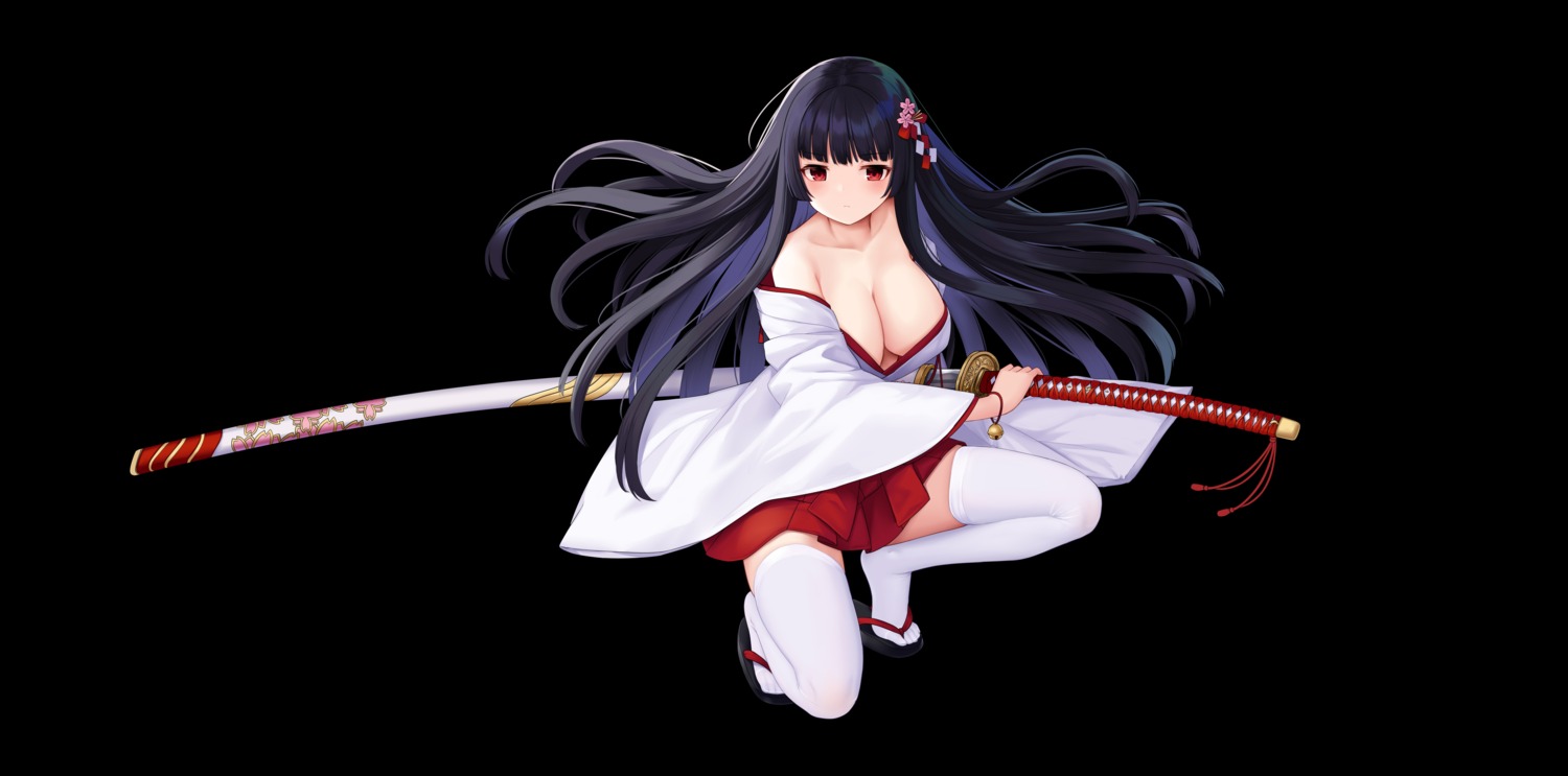 allenes miko no_bra open_shirt skirt_lift sword thighhighs