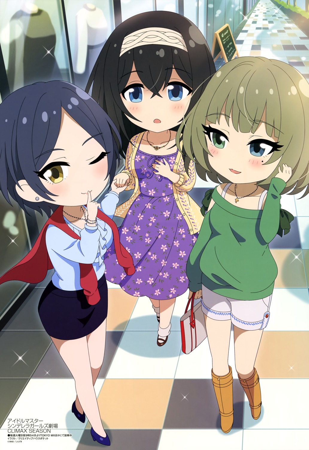 creative_house_pocket dress hayami_kanade heels heterochromia sagisawa_fumika sweater takagaki_kaede the_idolm@ster the_idolm@ster_cinderella_girls