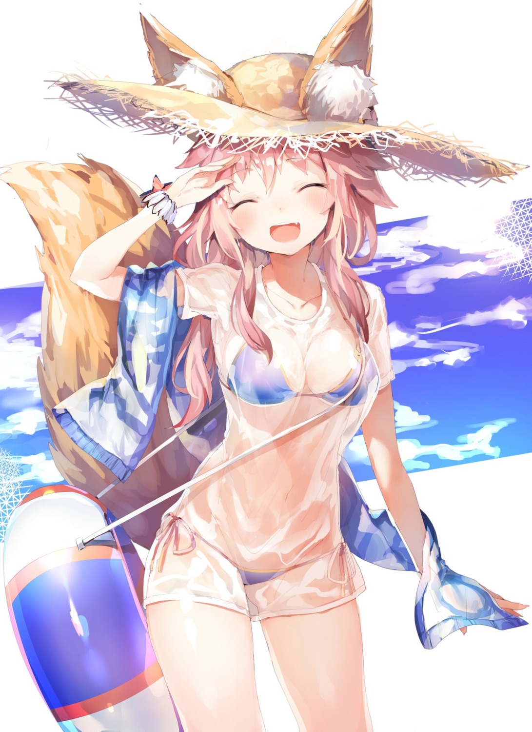 animal_ears bikini fate/extra fate/grand_order fate/stay_night see_through swimsuits tail tamamo_no_mae umibouzu wet_clothes