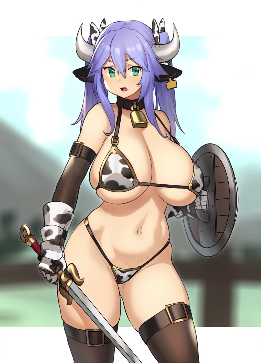 animal_ears bikini_armor garter horns houtengeki sword thighhighs