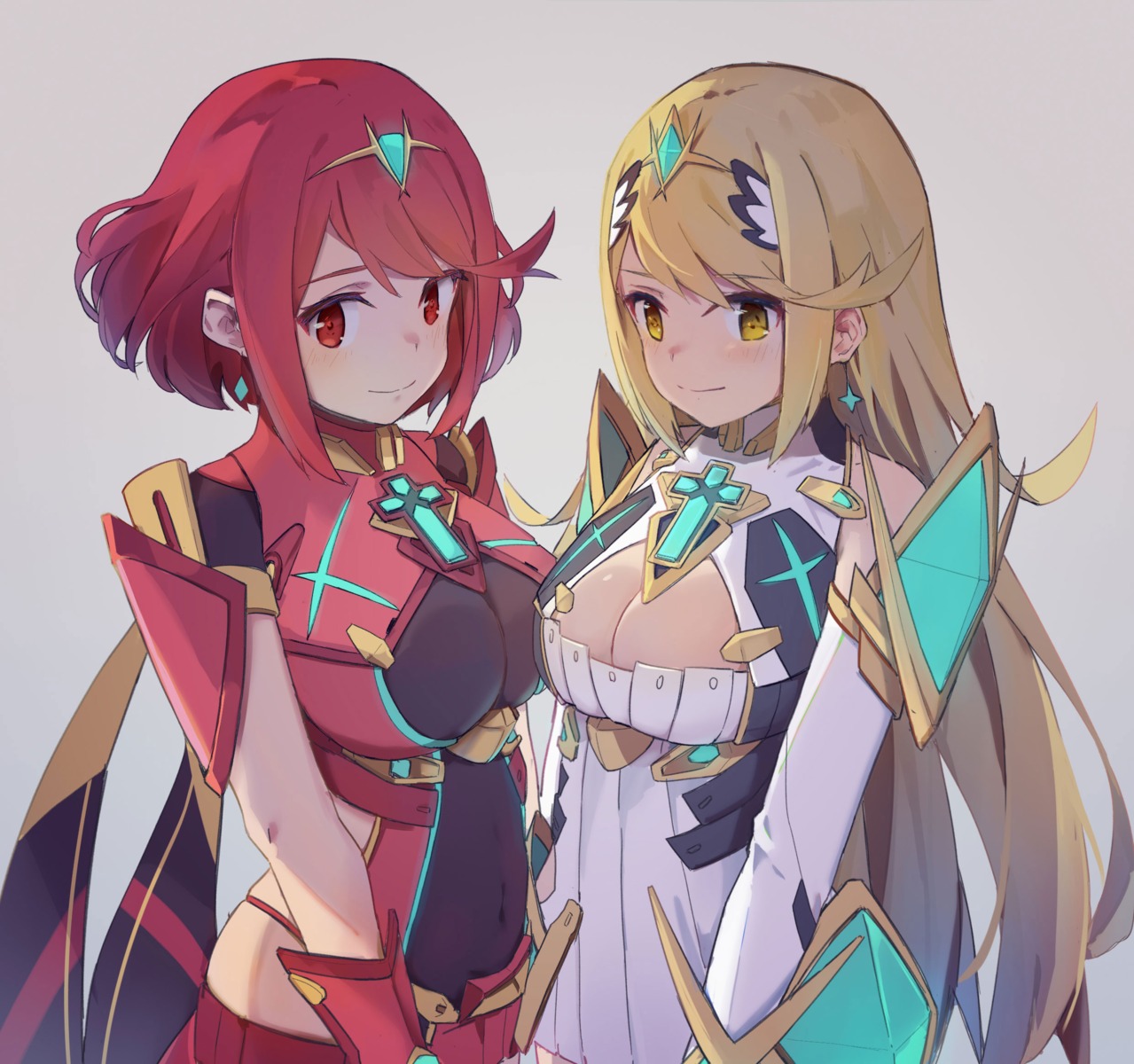 armor bodysuit cleavage hikari_(xenoblade_2) homura_(xenoblade_2) ikada_sora no_bra xenoblade xenoblade_chronicles_2