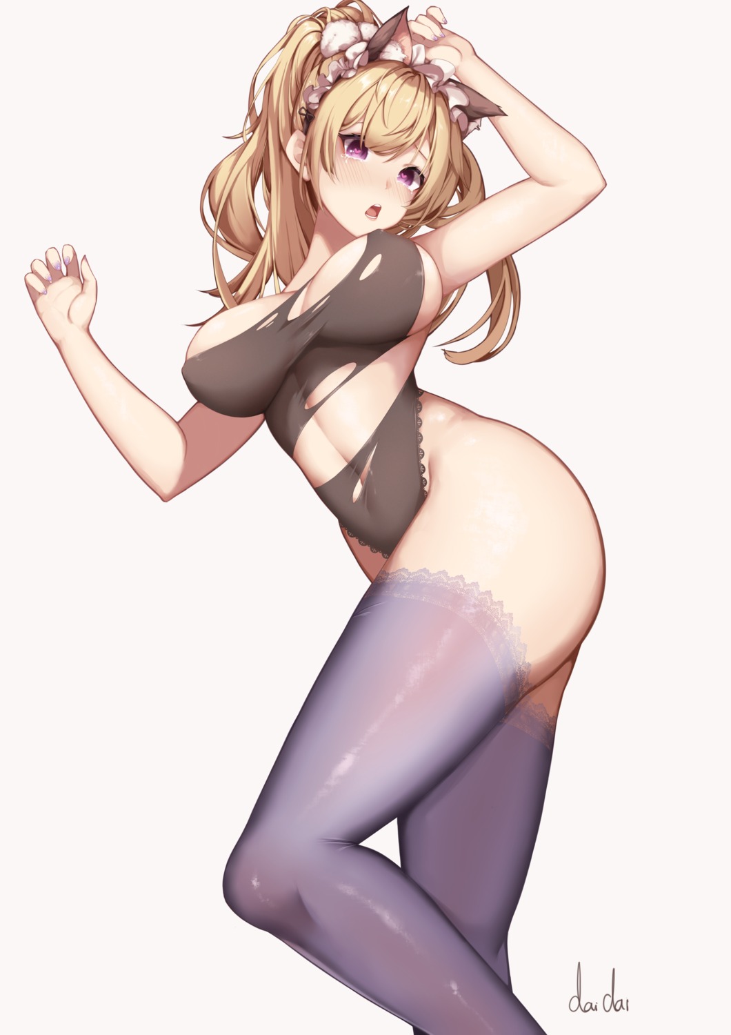 animal_ears daidai_gege erect_nipples leotard nekomimi no_bra thighhighs torn_clothes