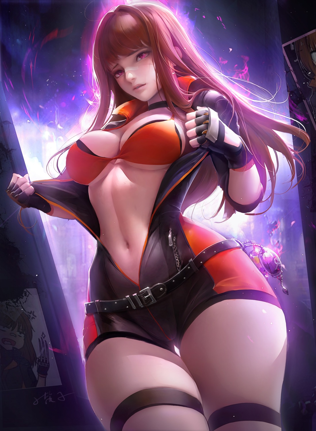 bikini_top bodysuit cleavage dungeon_fighter flute_(artist) garter open_shirt swimsuits underboob undressing