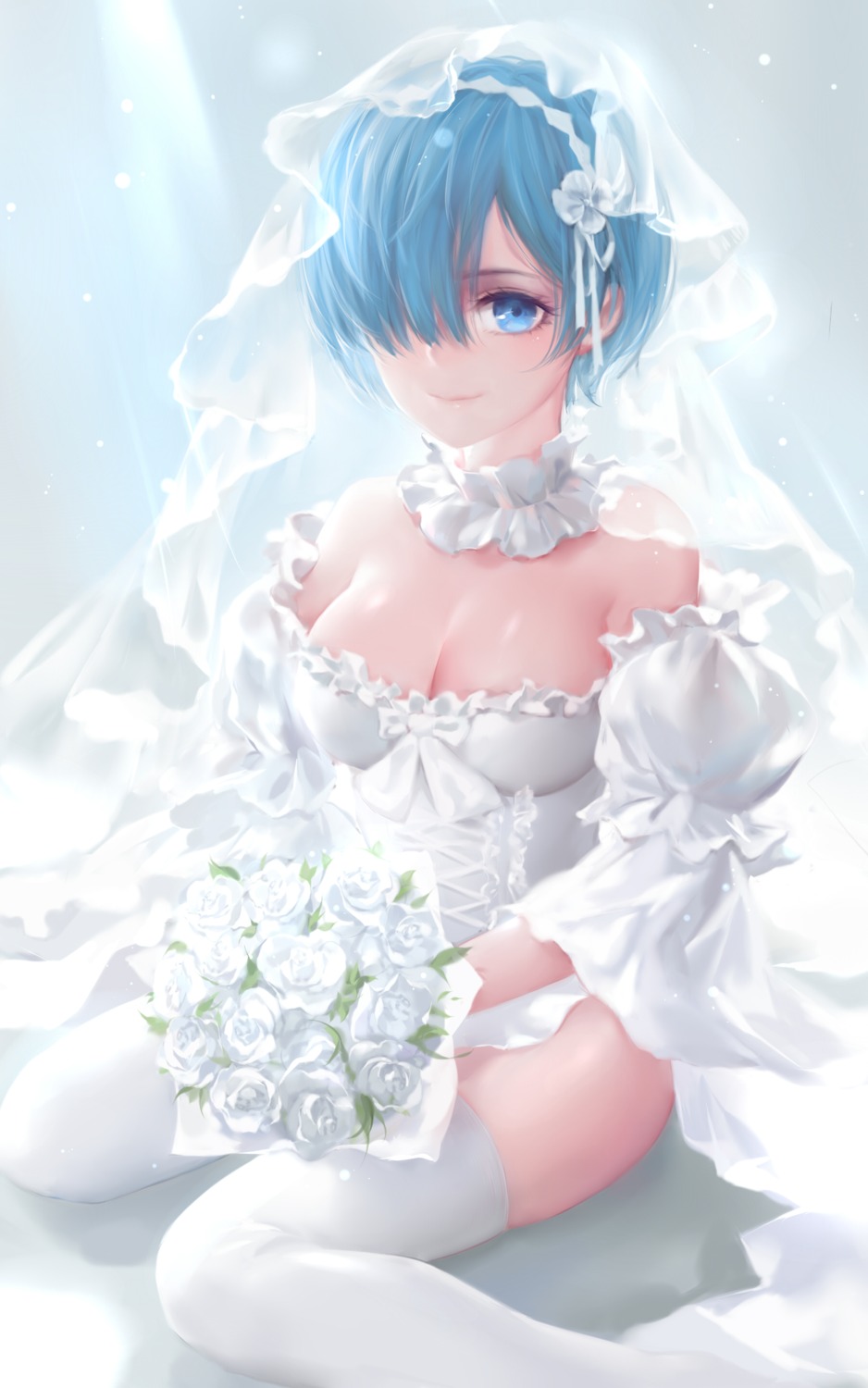cleavage dress qidai re_zero_kara_hajimeru_isekai_seikatsu rem_(re_zero) thighhighs wedding_dress