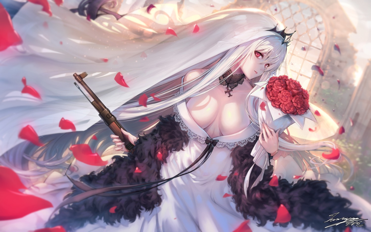 dress girls_frontline gun kar98k_(girls_frontline) no_bra open_shirt tama_yu wedding_dress