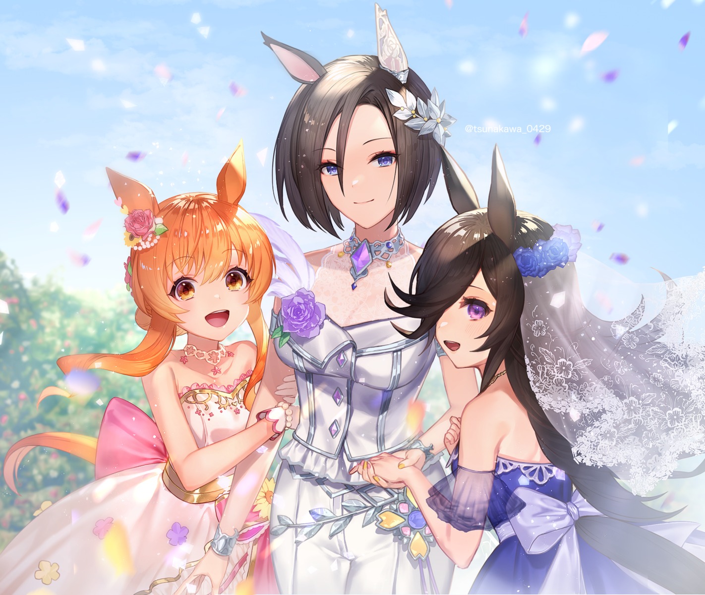 air_groove_(umamusume) animal_ears dress mayano_top_gun_(umamusume) no_bra rice_shower_(umamusume) see_through tail tsunakawa uma_musume_pretty_derby wedding_dress