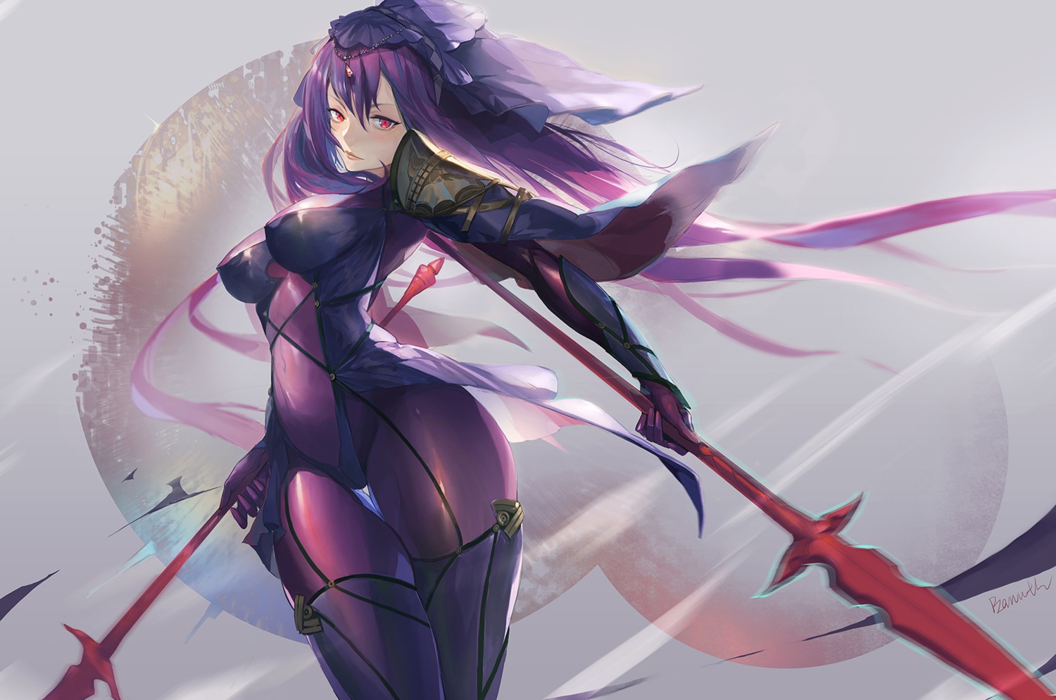 bamuth bodysuit erect_nipples fate/grand_order scathach_(fate/grand_order) stockings thighhighs weapon