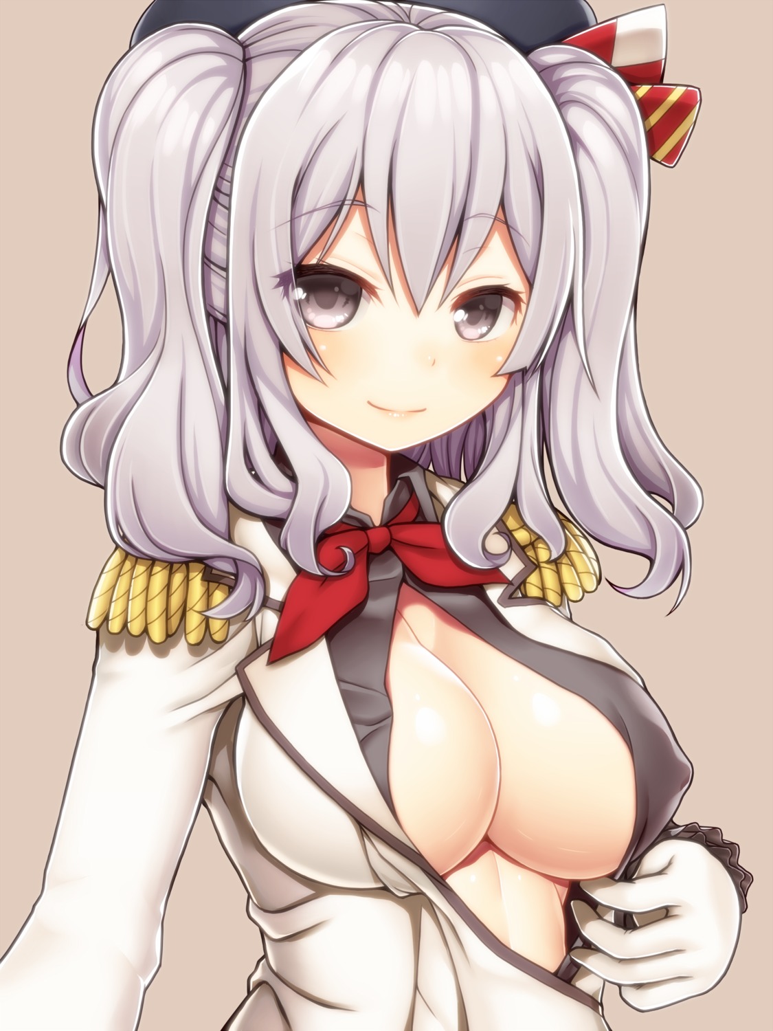 asamura_hiori cleavage erect_nipples kantai_collection kashima_(kancolle) no_bra open_shirt uniform