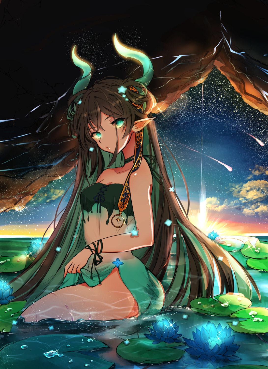 ass beni_ttt dress horns no_bra nopan pointy_ears see_through skirt_lift wet