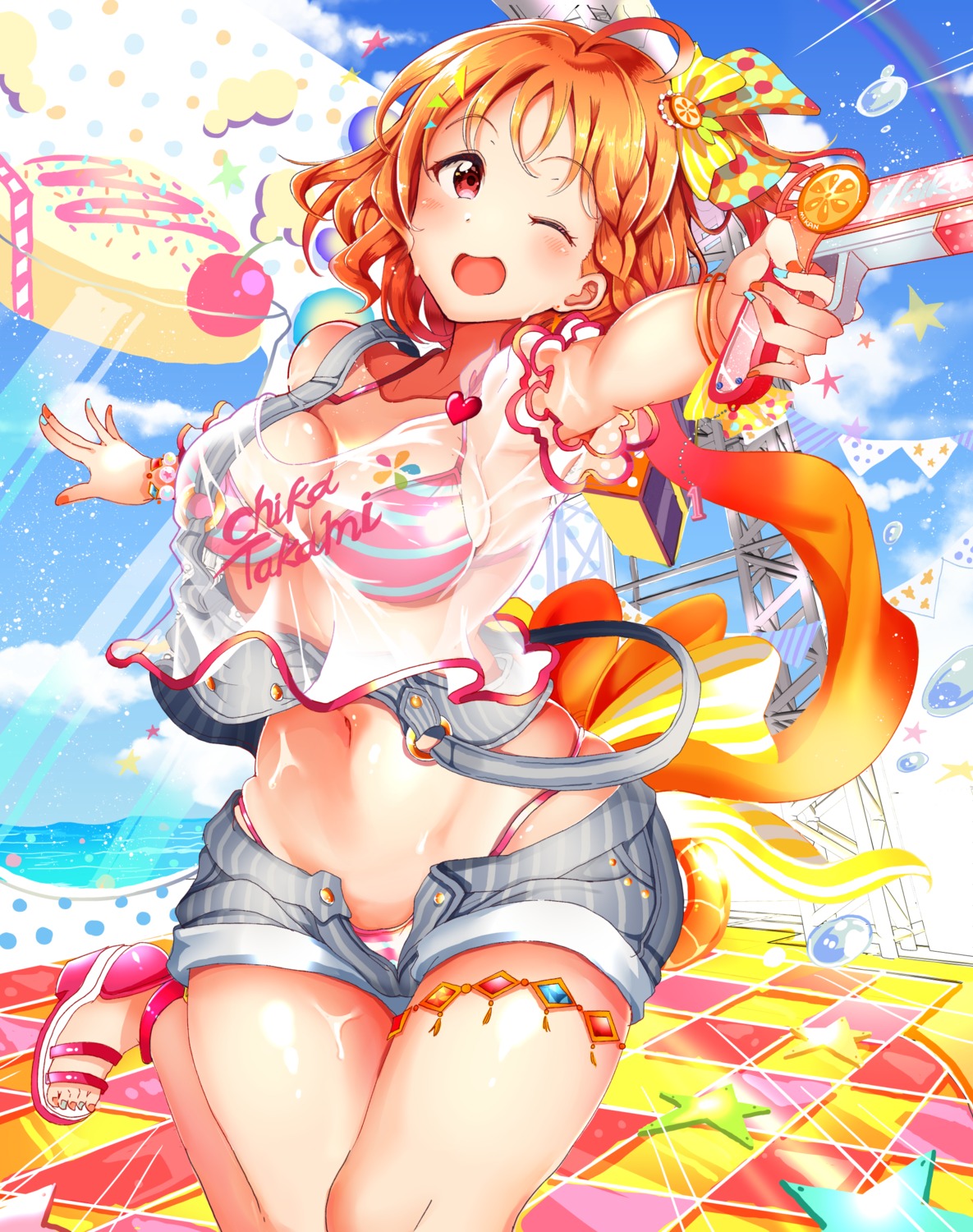 bikini garter gun kuzu_kow love_live!_sunshine!! see_through swimsuits takami_chika wet_clothes