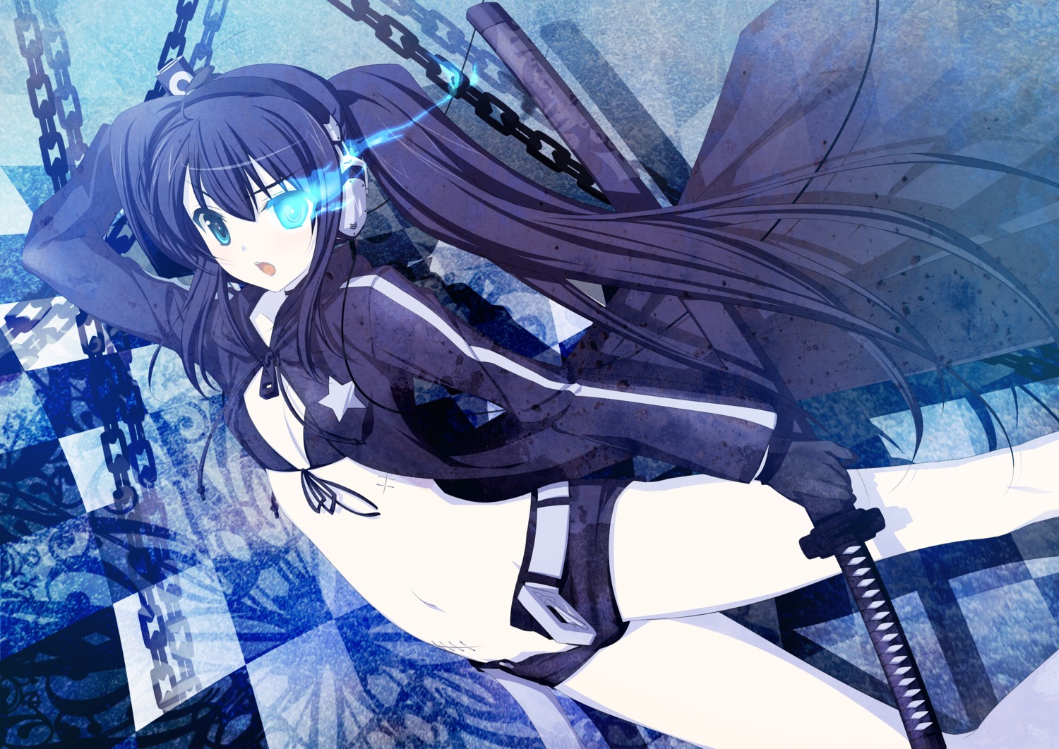 47agdragon bikini_top black_rock_shooter black_rock_shooter_(character) headphones nopan swimsuits sword vocaloid