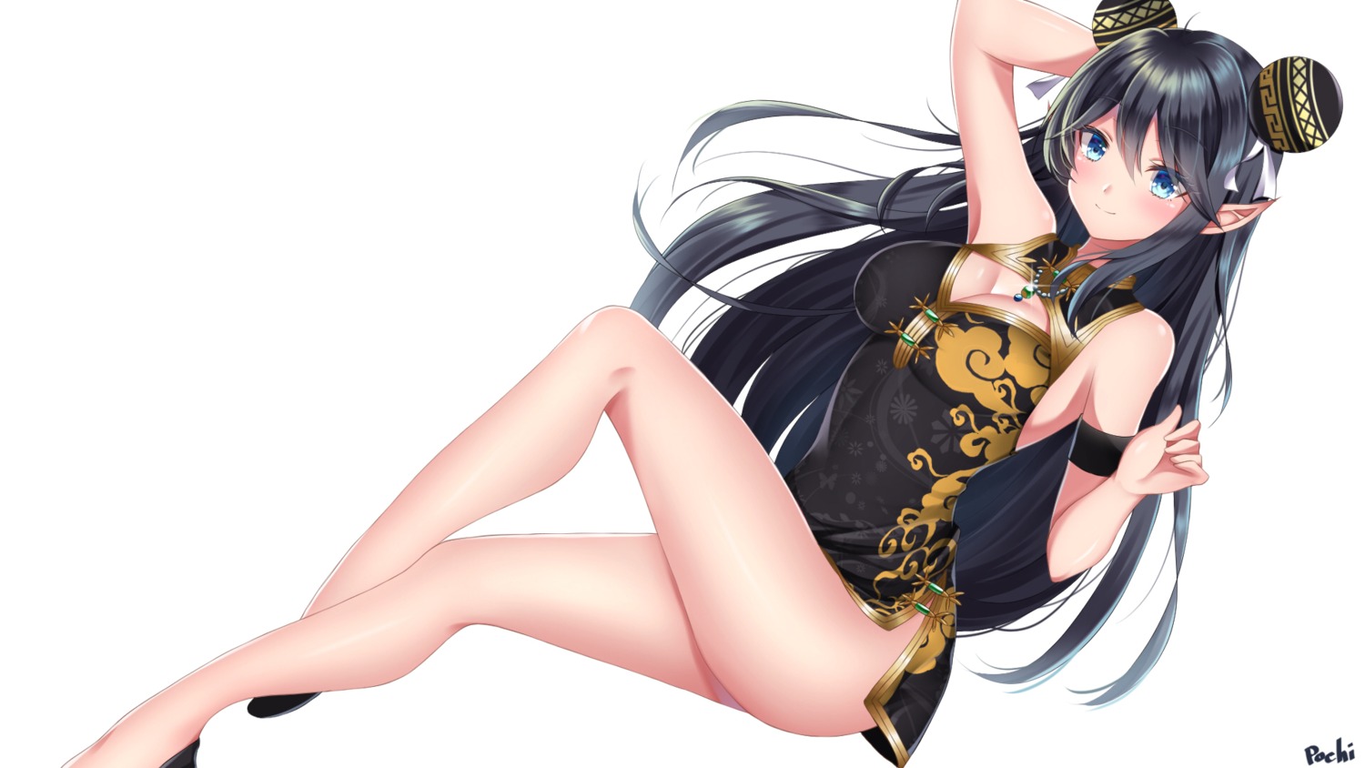 chinadress cleavage elf pochi_(artist) pointy_ears skirt_lift wallpaper