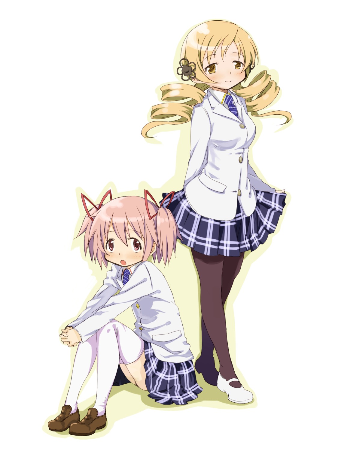 abe_kanari kaname_madoka mahou_shoujo_madoka_magica pantyhose seifuku thighhighs tomoe_mami