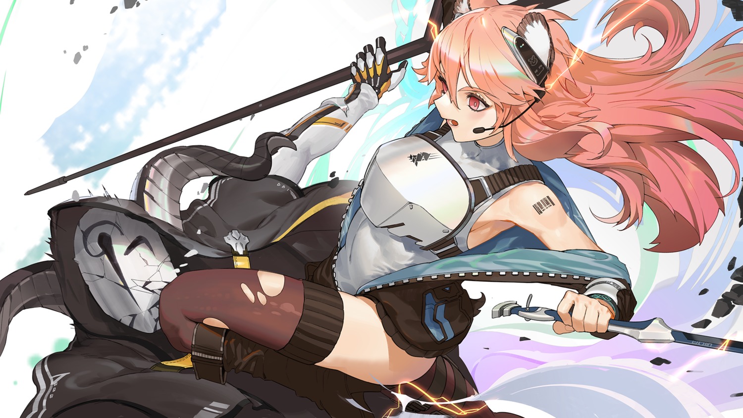 animal_ears arknights armor gravel_(arknights) heels kyma_curry tattoo thighhighs torn_clothes weapon