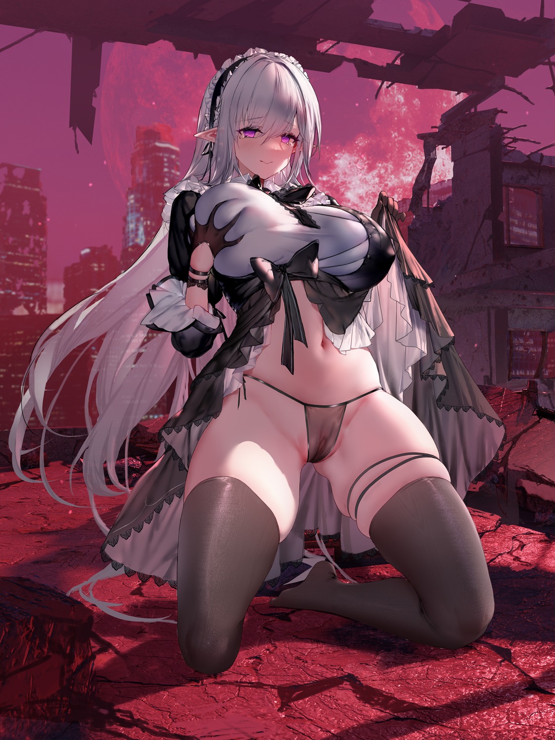 breast_grab closers garter levia_(closers) maid pantsu pointy_ears pussy skirt_lift swd3e2 thighhighs thong