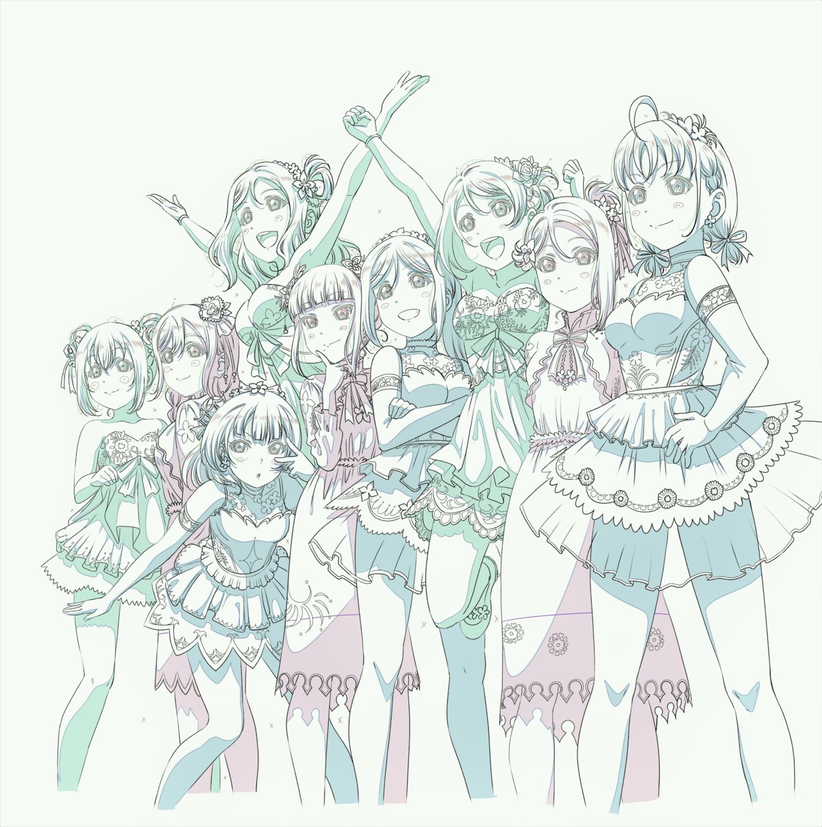 dress kunikida_hanamaru kurosawa_dia kurosawa_ruby line_art love_live!_sunshine!! matsuura_kanan monochrome murota_yuuhei ohara_mari sakurauchi_riko see_through takami_chika tsushima_yoshiko watanabe_you