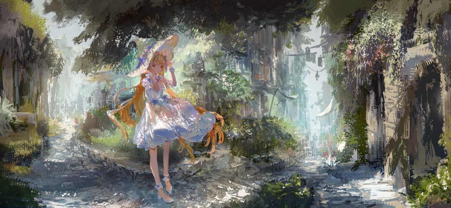 animal_ears dress heels koyamanatsu landscape nekomimi summer_dress