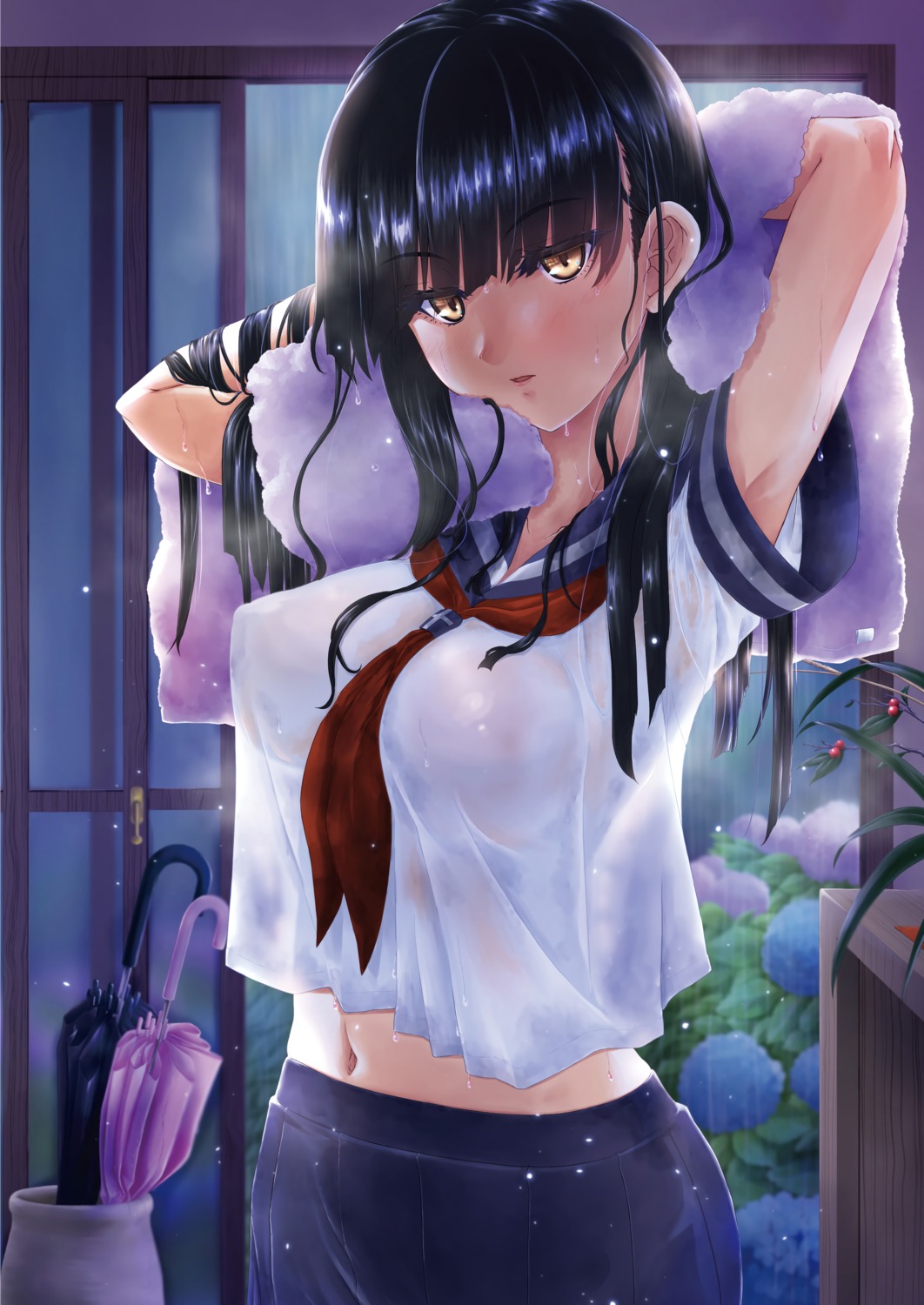 erect_nipples seifuku towel umbrella wet_clothes yatsuha_kanan