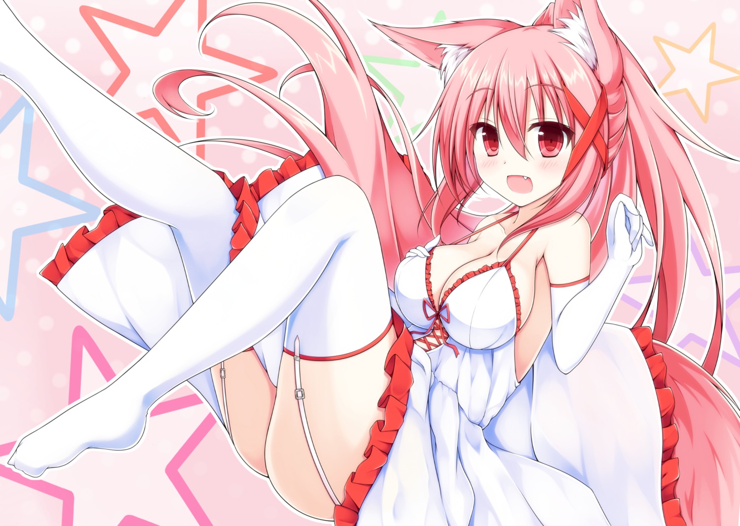 animal_ears cleavage dress feet mizuki_(kogetsu-tei) stockings tail thighhighs