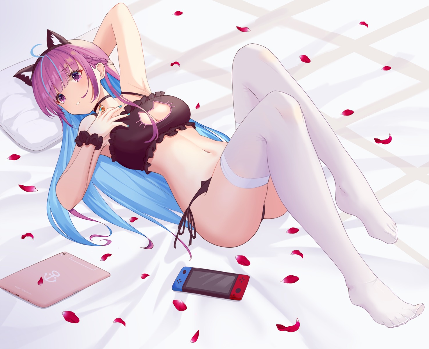 animal_ears bra feet hololive jayamon minato_aqua nekomimi pantsu string_panties thighhighs thong