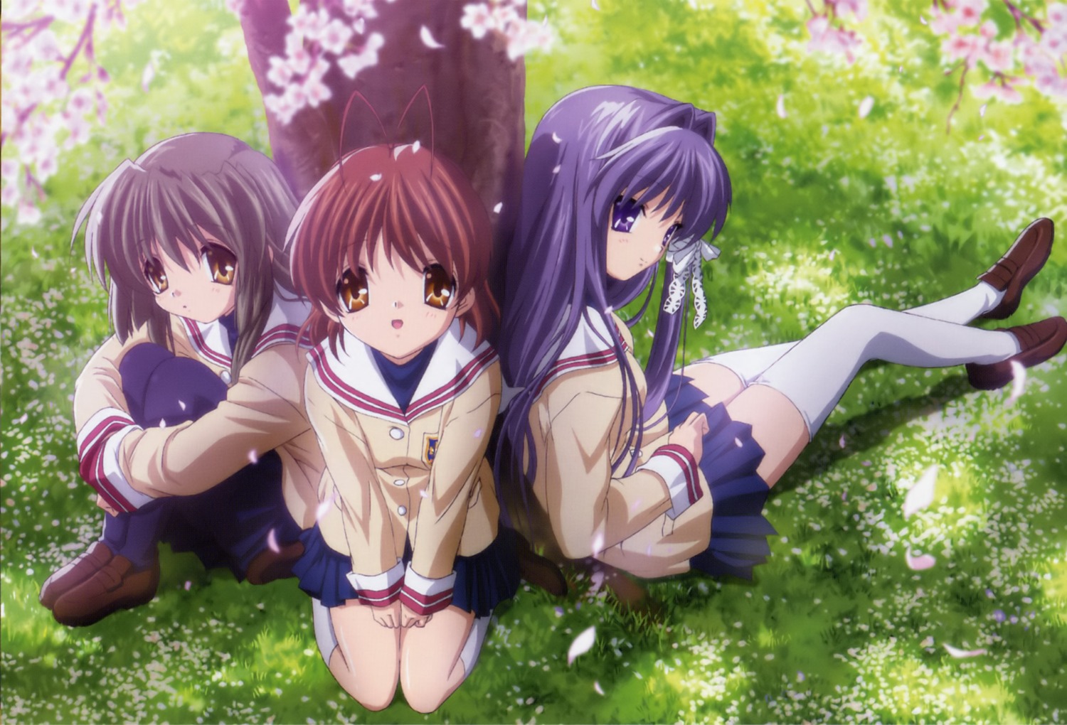 clannad fujibayashi_kyou furukawa_nagisa ibuki_fuuko ikeda_kazumi seifuku thighhighs