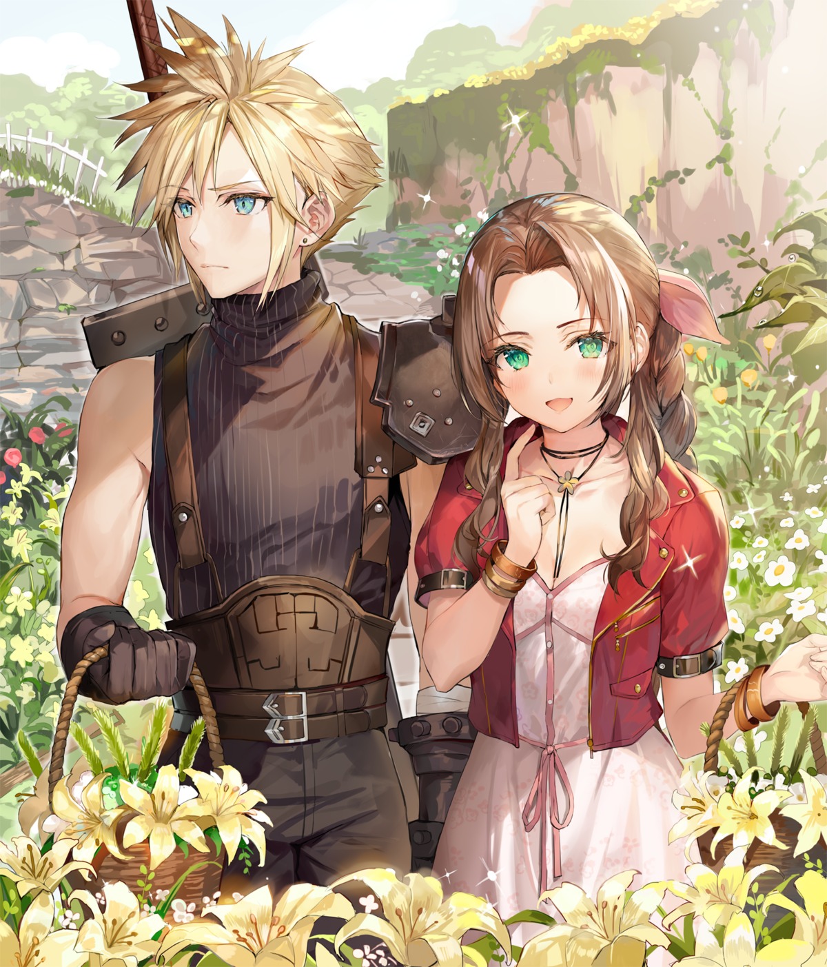 aerith_gainsborough armor cleavage cloud_strife dress final_fantasy final_fantasy_vii momoko_(momopoco)