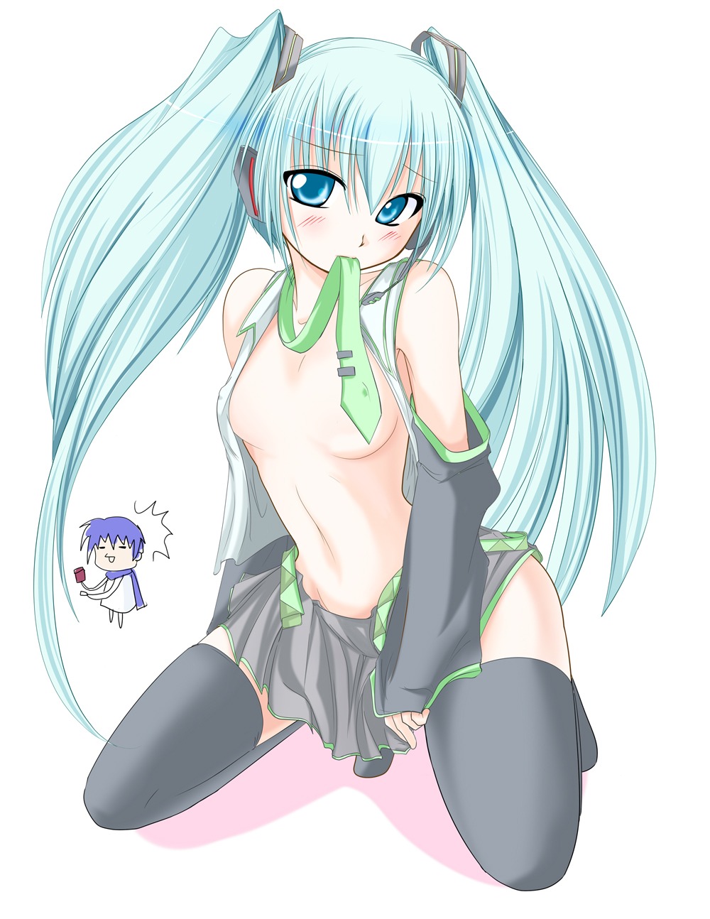 breasts erect_nipples hatsune_miku kaito kirihane no_bra open_shirt thighhighs vocaloid