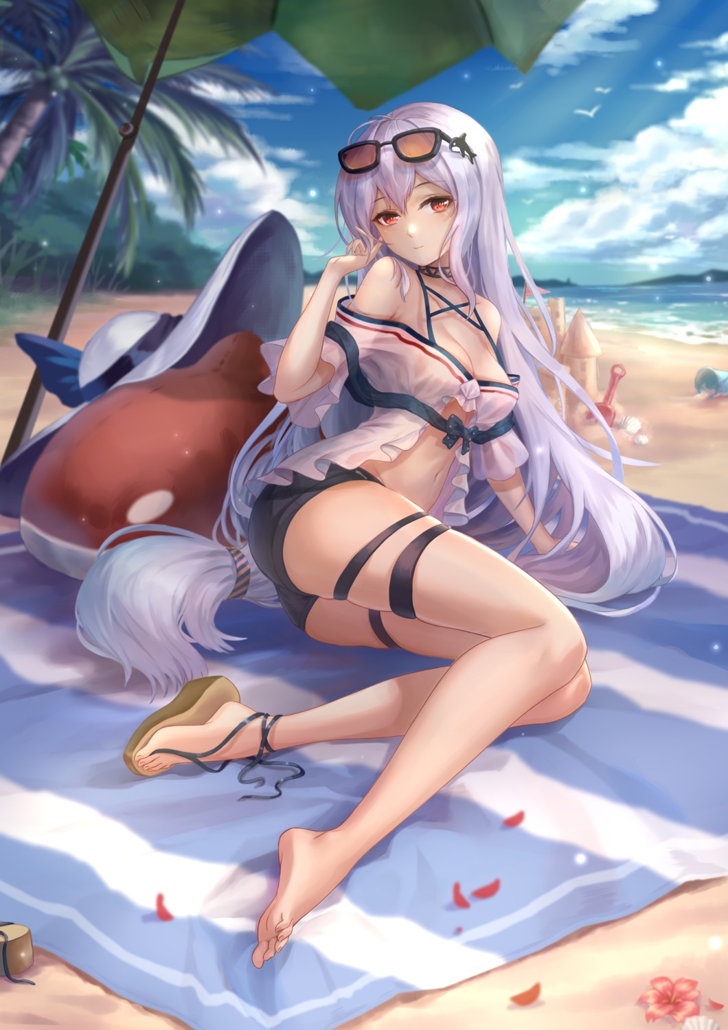 arknights cleavage feet garter megane see_through skadi_(arknights) yelan_xing_xuan