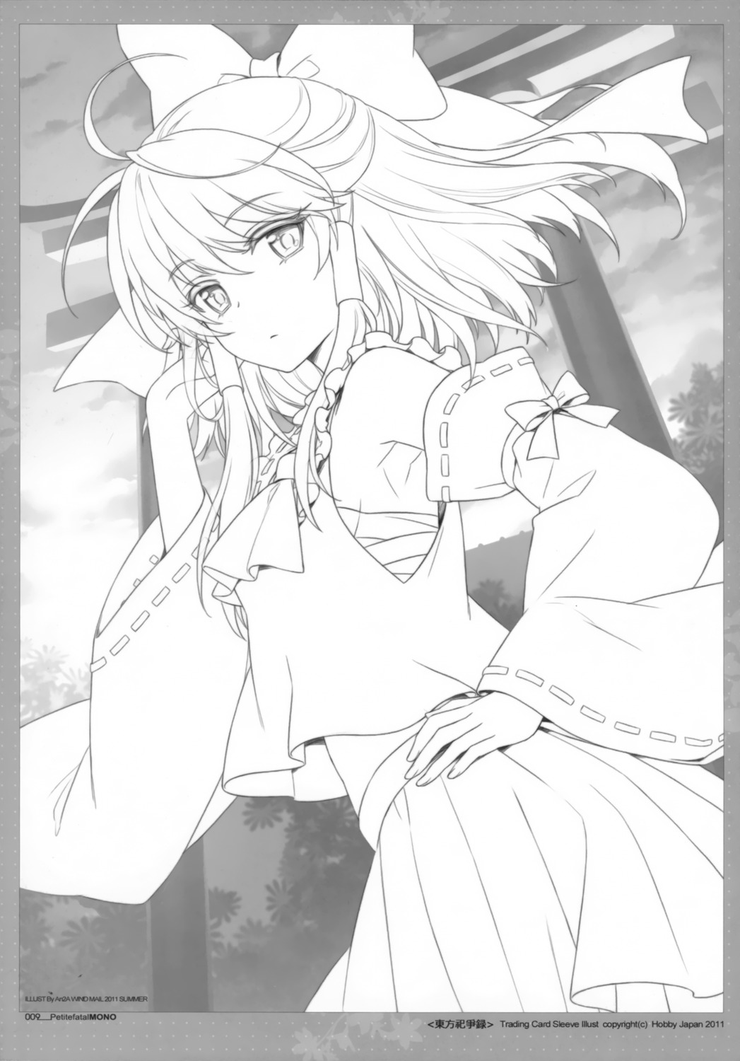 an2a hakurei_reimu line_art monochrome touhou wind_mail