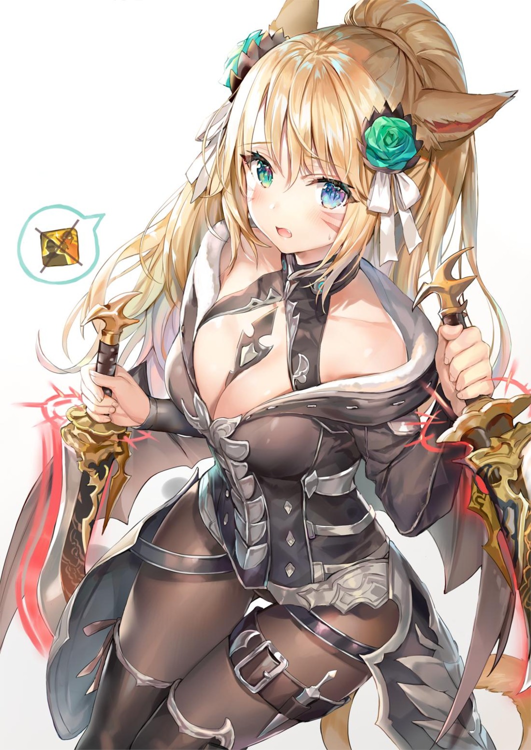 animal_ears armor cleavage final_fantasy final_fantasy_xiv garter momoko_(momopoco) pantyhose sword tail thighhighs weapon