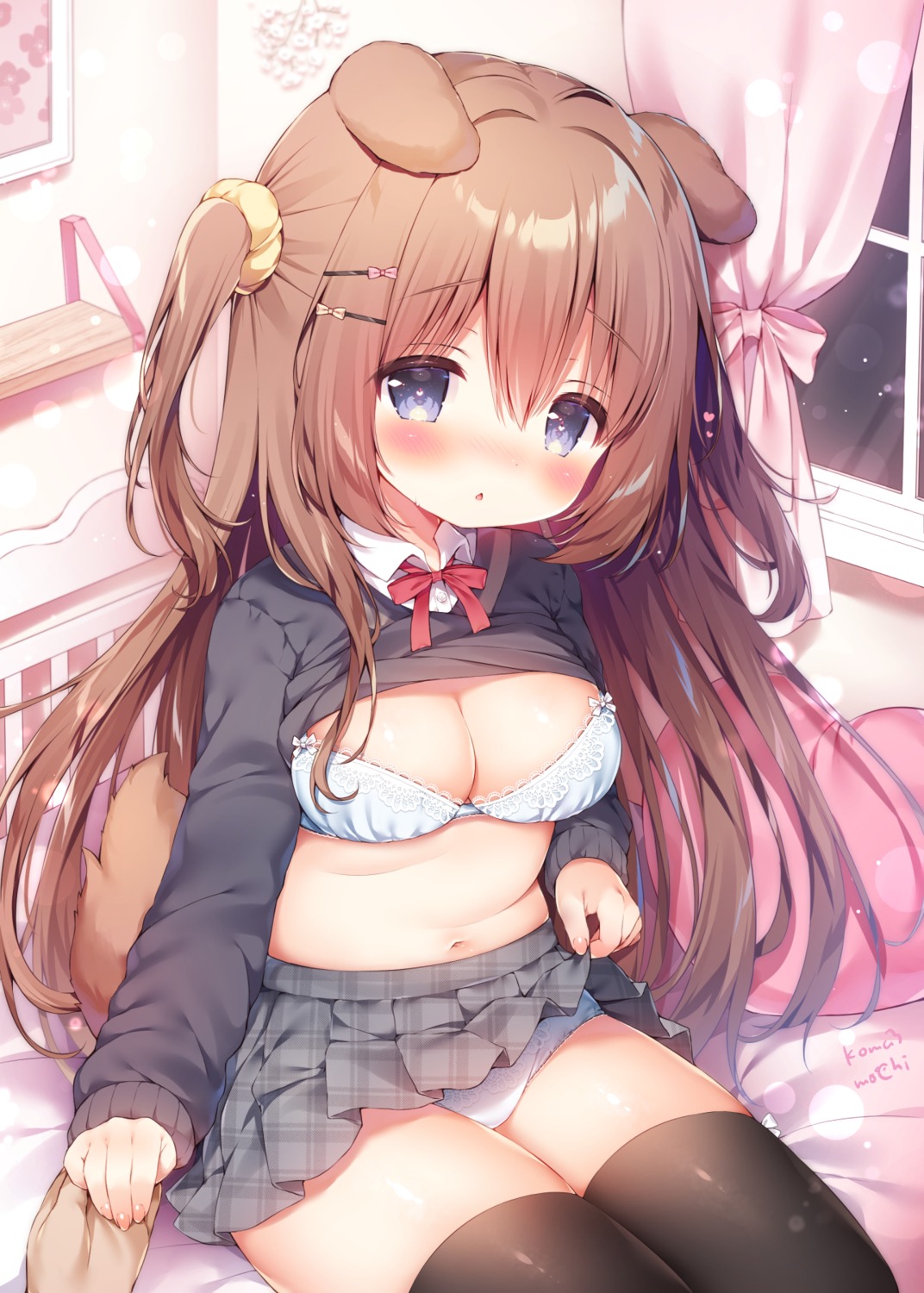 animal_ears bra inumimi momozu_komamochi pantsu seifuku shirt_lift skirt_lift sweater tail thighhighs