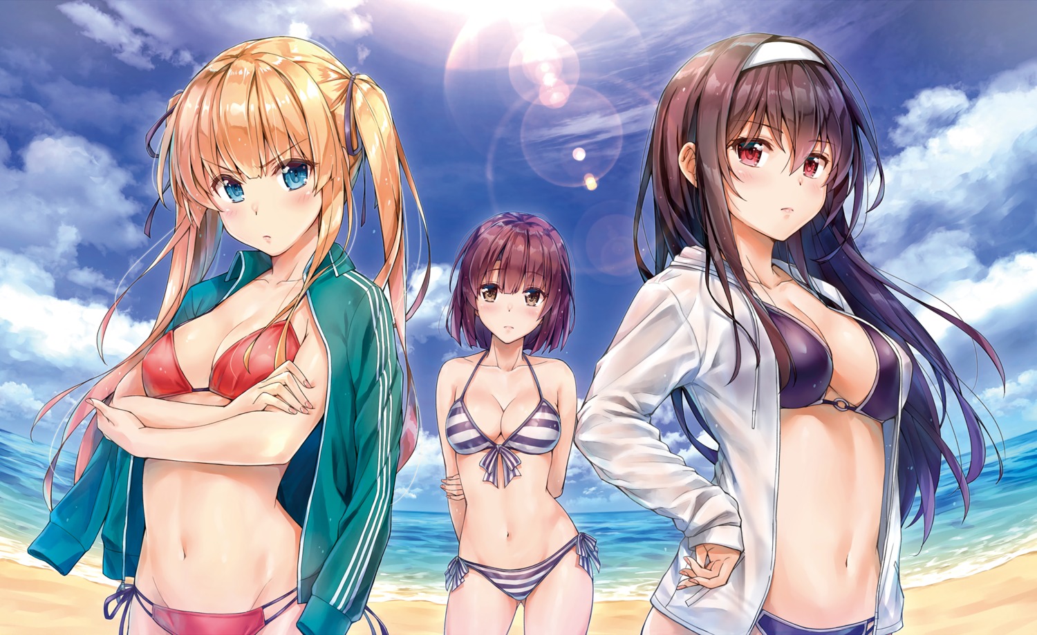 bikini breast_hold cleavage kasumigaoka_utaha katou_megumi kotatsu_(kotatsu358) open_shirt saenai_heroine_no_sodatekata sawamura_spencer_eriri see_through swimsuits