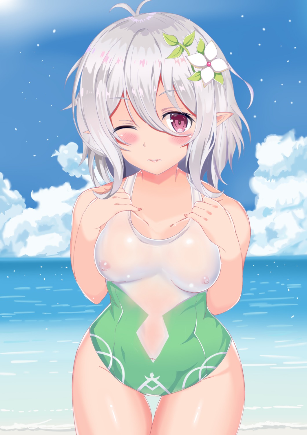kirisameaoto kokkoro nipples pointy_ears princess_connect princess_connect!_re:dive see_through swimsuits