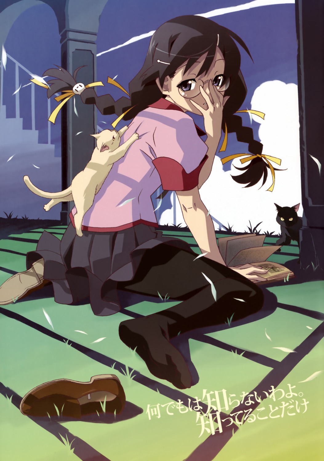 bakemonogatari hanekawa_tsubasa megane monogatari_(series) neko pantyhose seifuku watanabe_akio